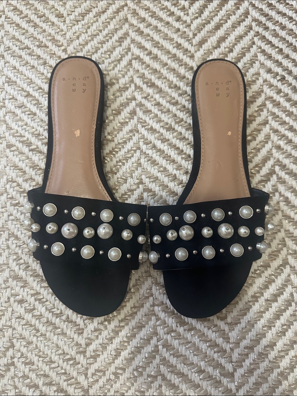 a new day Black Slide Sandals with Pearl Studs